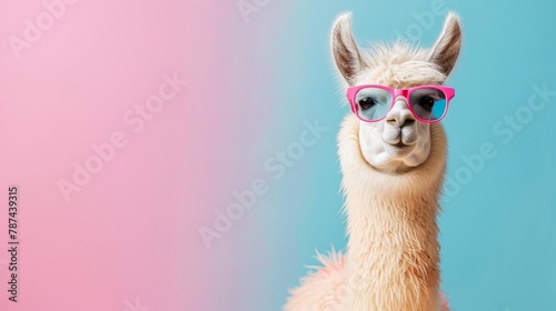 cute llama wearing trendy sunglasses on bright pastel background creative surreal animal concept © Bijac