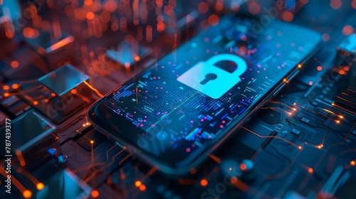 cyber security padlock hologram shield on modern smartphone display