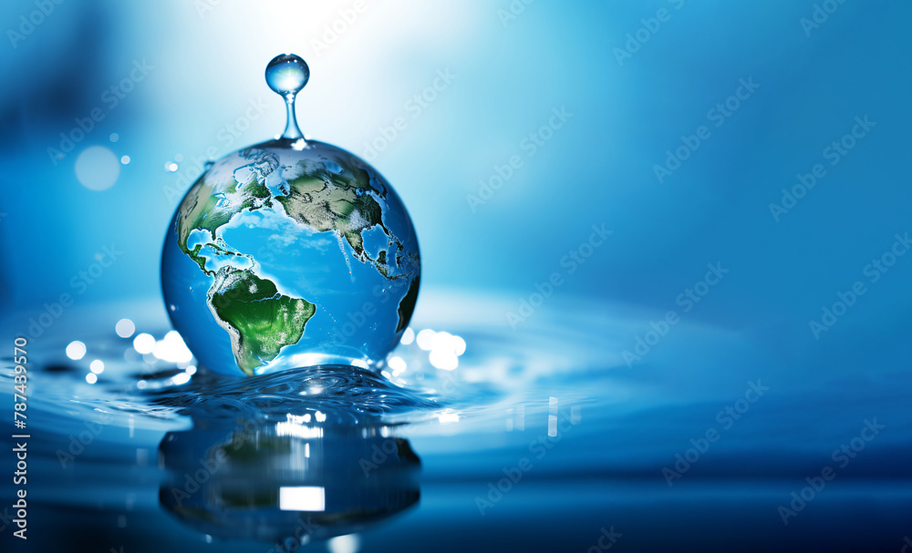 A globe in the shape of a drop of water falling on blue sea background. Saving water and world environmental protection concept. Eearth, globe, ecology, nature, planet concepts
