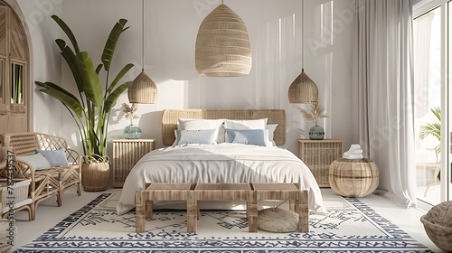 natural coastal interior bedroom beautiful example of modern coastal style including a soft natural color palette, natural elements cane bed blue and white patterned rug and white nights house design photo