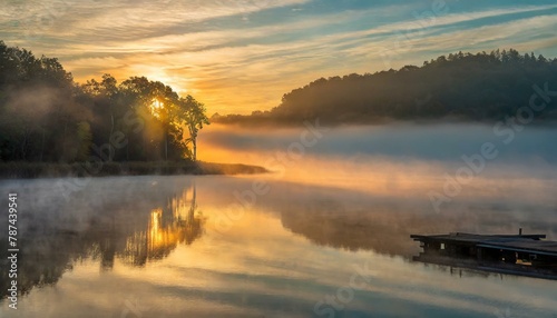 A serene sunrise over a mist-covered lake