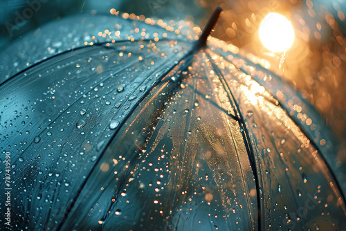 Transparent umbrella under rain against water drops splash background. Rainy weather concept. photo