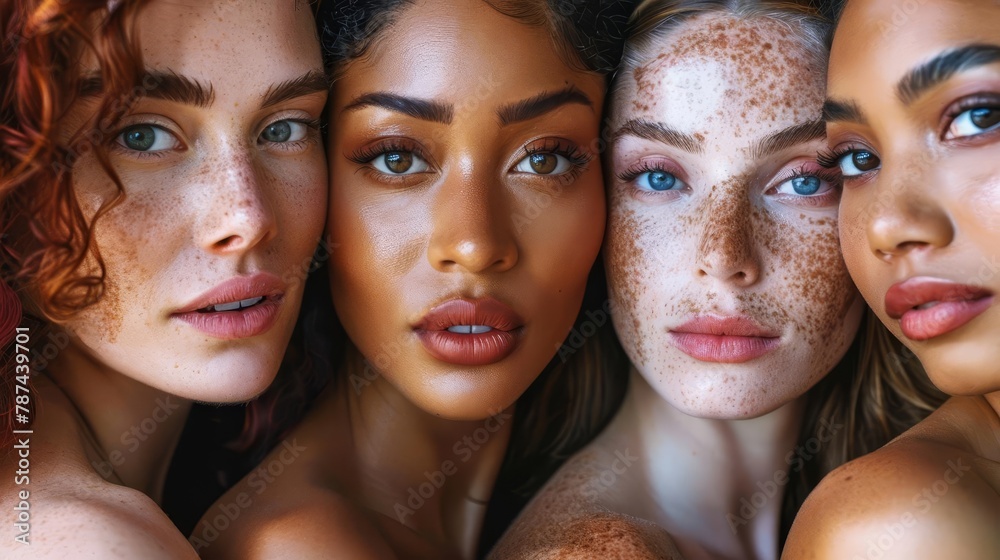 diverse group of beautiful women with natural glowing skin and authentic beauty portrait collage
