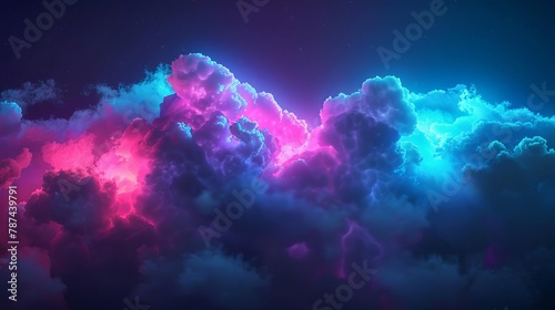 dreamy 3d abstract cloud illuminated with neon light on dark background surreal digital illustration photo