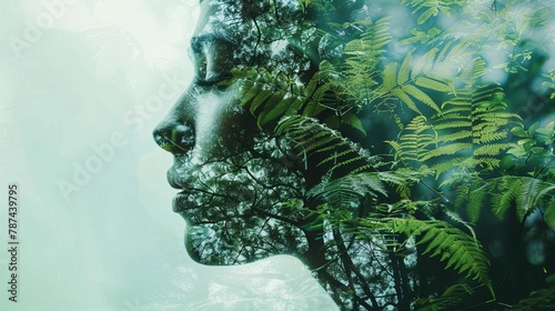 double exposure of pensive woman and lush green forest surreal blend of human and nature conceptual photo