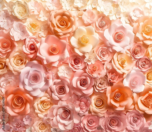 A large wall of pastel colored paper roses and flowers in various sizes and shapes