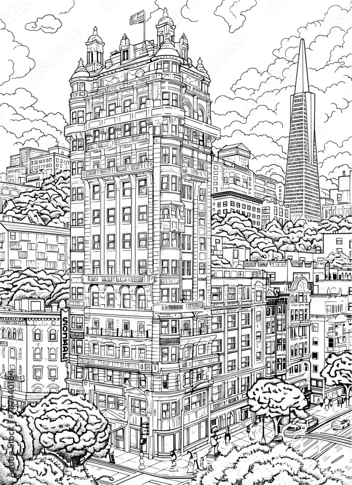 Highland Village Doodle Map Coloring Page, Bold Lines