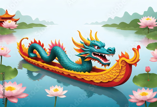 a dragon boat with a dragon on the front and lotus flower on lake background