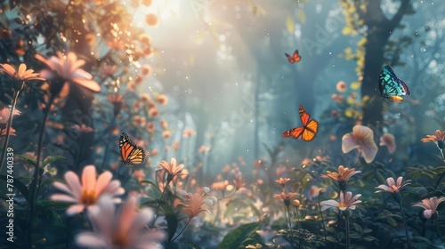 enchanting fantasy forest scene with butterflies and flowers dreamy fairy tale landscape copy space