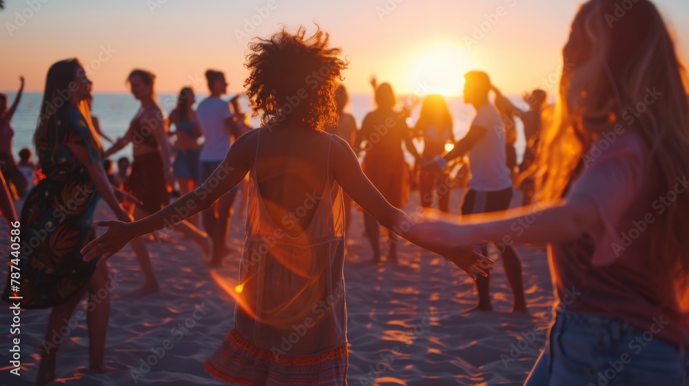 Fototapeta premium Silhouettes of joyful people dancing on the beach, celebrating life with a beautiful sunset in the background