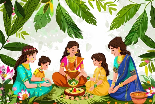 Illustration of happy people celebrating Ugadi festival, New Year's Day according to the Hindu calendar and is celebrated by Telugus and Kannadigas photo
