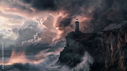 The lighthouse basks in a warm sunset light with dramatic clouds, offering a sense of hope amidst approaching night
