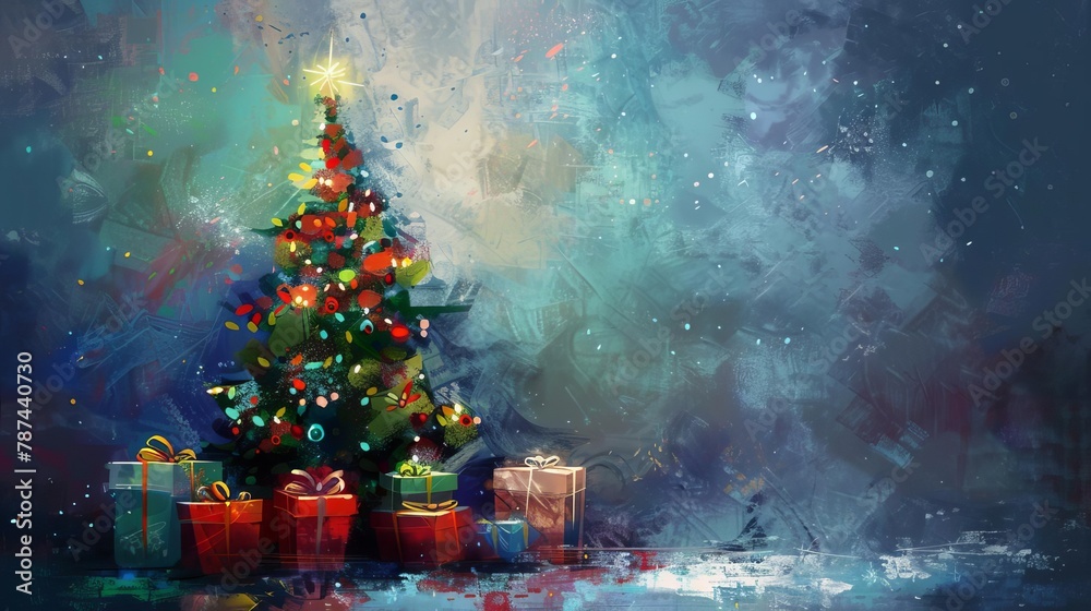 festive christmas tree with shimmering lights and colorful wrapped gifts digital painting