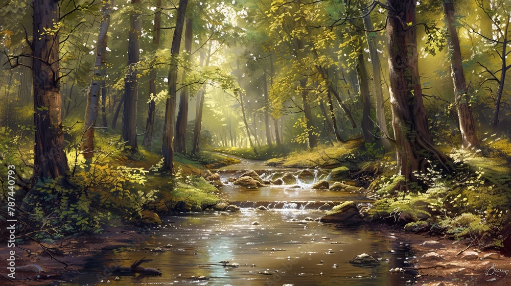 A soothing stream flows through a peaceful forest, with sunlight creating a golden hue that invites viewers to enjoy the tranquility and beauty of the wilderness A soothing stream flows through a peaceful forest, with sunlight creating a golden hue that invites viewers to enjoy the tranquility and beauty of the wilderness