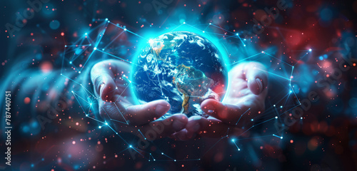 Digital technology background with human hands holding a virtual earth and global network connection,an AI robot hand on a digital globe or planet Earth for a futuristic concepts. © Glebstock