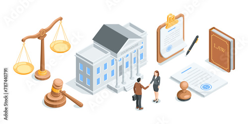isometric vector set on the theme of court and law, in color on a white background, scales and a judge's gavel with book and documents as well as the courthouse and shaking hands people