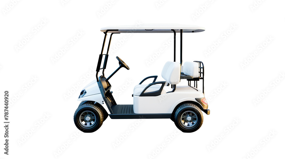 White golf cart against a neutral background with seats, steering wheel, and canopy visible; no people or other objects present.
