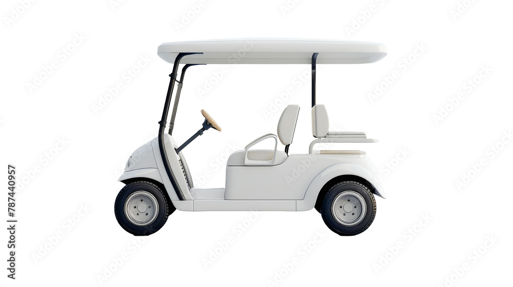 A white golf cart against a clean, light background, with visible steering wheel, seat, and golf bag holding area.