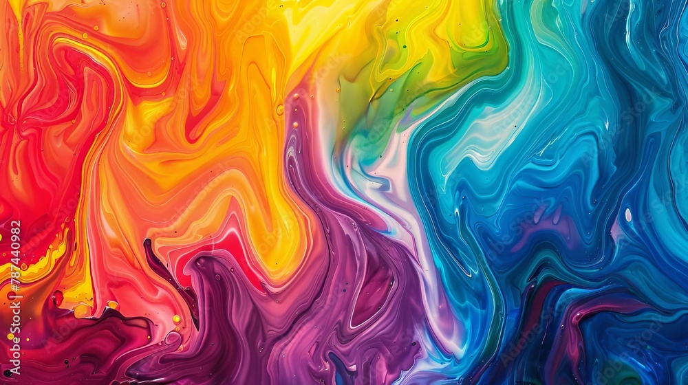 fluid acrylic paint swirls in bold rainbow colors on textured canvas - obrazy, fototapety, plakaty 