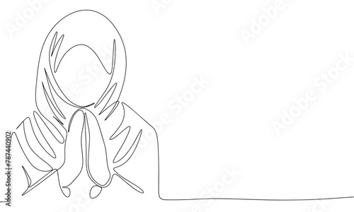 Woman praying one line continuous. Line art pray woman. Hand drawn vector art.