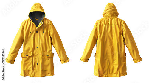 Yellow raincoat mock-up front and back view, isolated on a transparent background