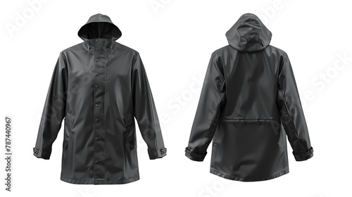 Black raincoat mock-up front and back view, isolated on a transparent background