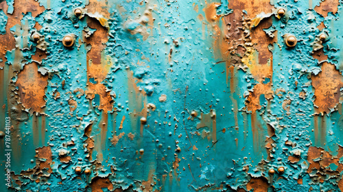 Aged blue metallic surface with flaking paint and rust, showing signs of weathering and corrosion over time. Texture background. photo