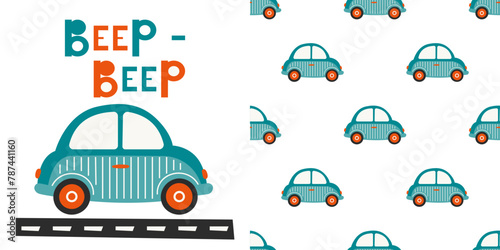 Car machine in doodle style on road for children poster, flyer, t-shirt and pajamas print. Abstract seamless pattern with car  for boy clothes. Cute lettering Beep-beep. Vector illustration