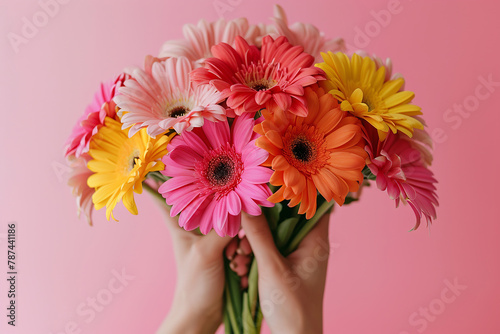 Woman holding a gerbera bouquet of flowers on purple background. Person holding bunch of gerbera flowers Woman's Hand Holding Pastel Gerbera Flower Bouquet photo