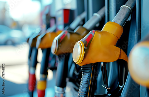 Close-up of oil pumps at a gas station or gas station. Colorfull fuel gasoline dispenser background. Fuel pumps station on urban street close up. photo