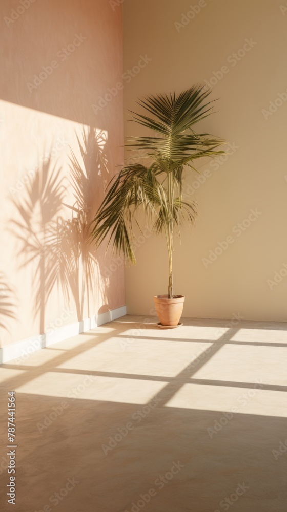 Fototapeta premium Empty wall with shadow from plants, home flower in pot near wall