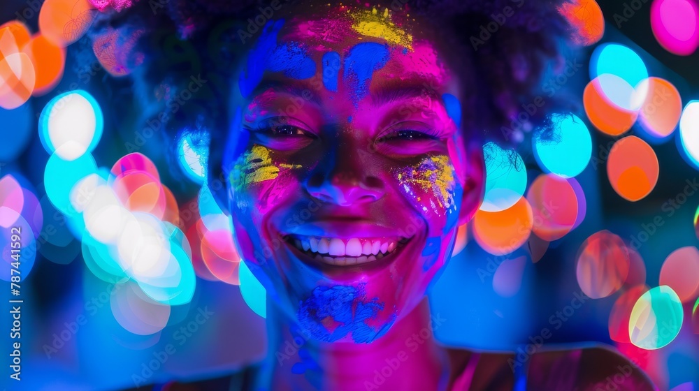 A radiant woman adorned with colorful neon paint smiles, surrounded by a magical blur of bokeh lights