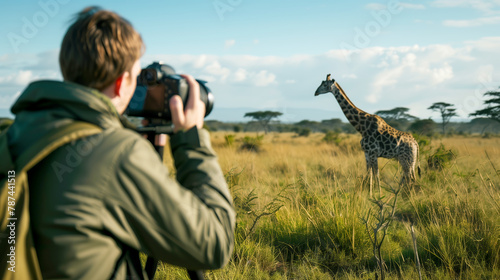 A nature photographer capturing a giraffe sighting, feeling the thrill of discovery