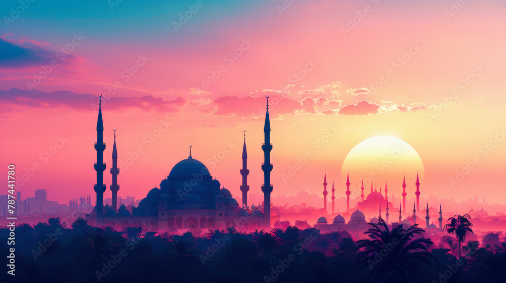 Sunset silhouette of a mosque with minarets against a vibrant pink and blue sky with a large sun near the horizon.