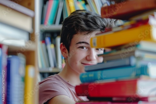A teenage boy peeks cheekily over a colorful stack of books in a library setting photo