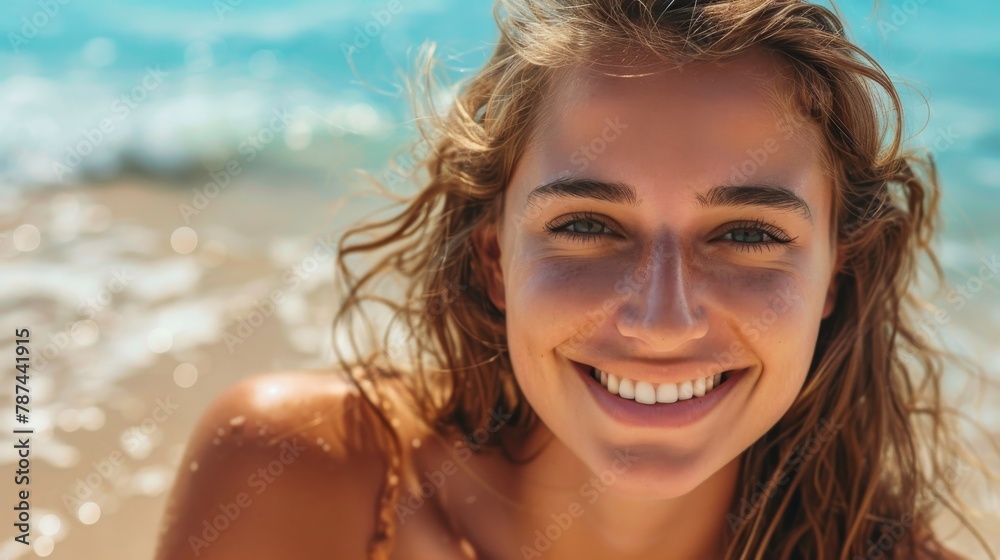 Exuberant young girl with sun-kissed skin and a beaming smile enjoys the sunshine at a picturesque beach