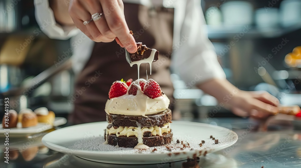 gourmet dessert creation process professional pastry chef in luxury restaurant kitchen