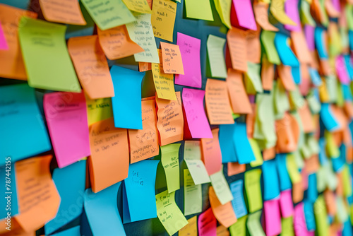 Close up of a bunch of post it notes with a lot of pink, blue, and yellow sticky notes. Creative layout made of lot empty colorful paper sticky notes.
