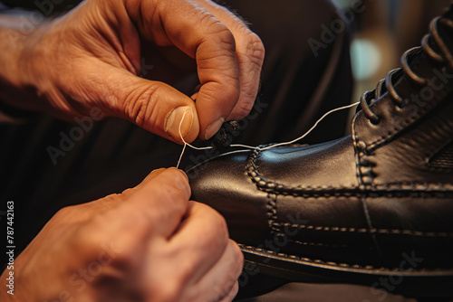 Male hands sewing a seam in modern black men s shoes.