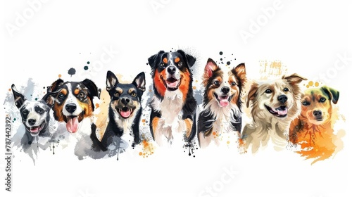 happy dogs of various breeds smiling on white background digital illustration