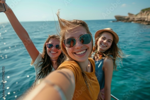Happy smiling young people taking selfie against sea background, beach holiday with friends © pundapanda