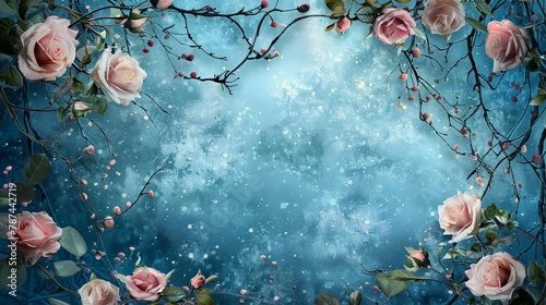 Fototapeta Naklejka Na Ścianę i Meble -  intricate floral frame with pink roses and twigs on blue mystery bokeh forest background fantasy rose vignette border digital art