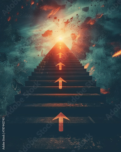 A stairway with arrows as steps, leading upwards to a glowing peak of success, each step an important growth phase