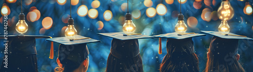 A graduation ceremony with lightbulbs illuminating above each graduate's head, representing the bright spark of wisdom and knowledge photo