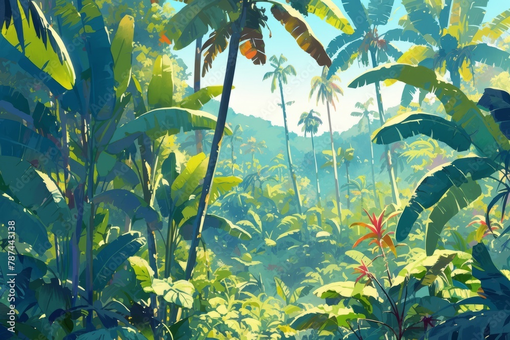 Illustration of a wild tropical jungle in bright colors, the rays of the bright sun penetrate through the palm trees and plants Illustration of a wild tropical jungle in bright colors, the rays of the bright sun penetrate through the palm trees and plants