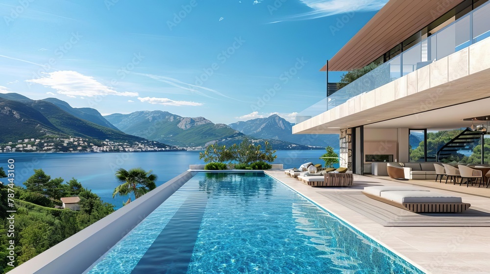 Fototapeta premium luxurious mediterranean villa with infinity pool and sea view summer vacation 3d rendering