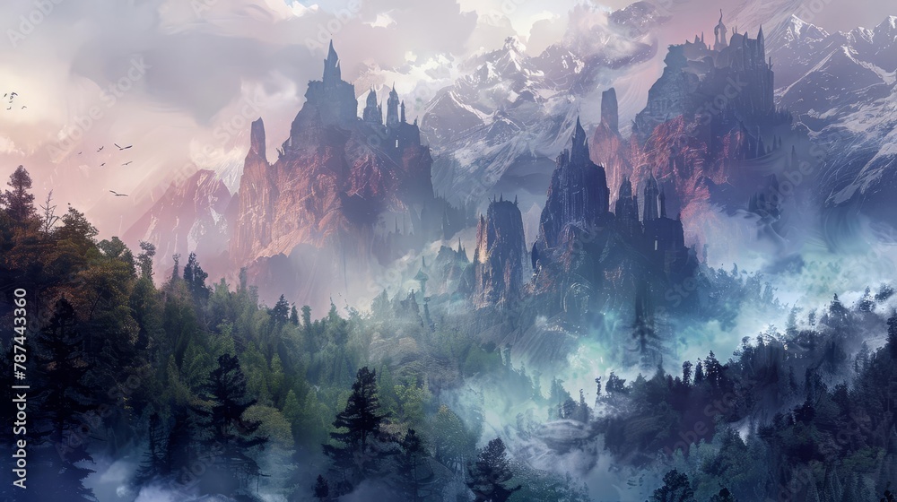 majestic fantasy landscape with towering mountains lush forests and ethereal mist digital painting