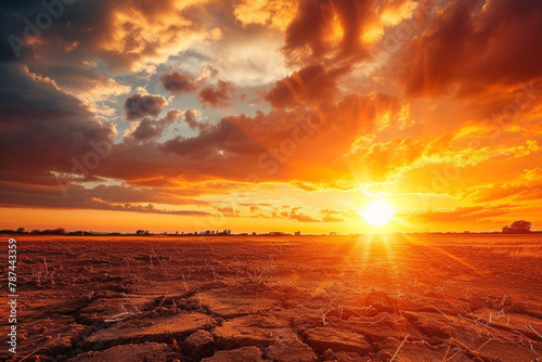 Stormy clouds, sun and rain over dry land