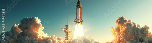 A rocket blasting off into a clear sky, with each stage of the launch labeled with success milestones, depicting a business's rapid ascent