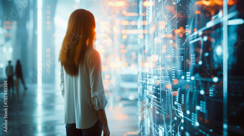 Woman standing in a server room, looking at data storage equipment with futuristic blue lighting, representing modern technology in action. © Na-No Photos
